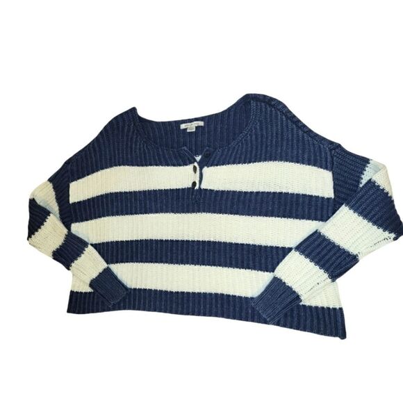 American Eagle Oversized Cropped Blue White Striped Chunky Knit Sweater XS - Picture 3 of 11